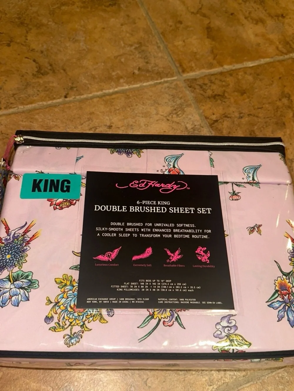 Ed Hardy Pink Floral Tiger King Brushed Sheet Set